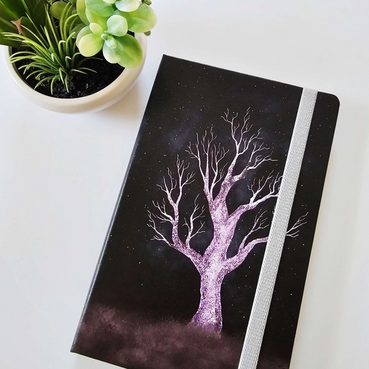 Hollow Gray Tree A5 Leatherette Dot Grid Black Notebook